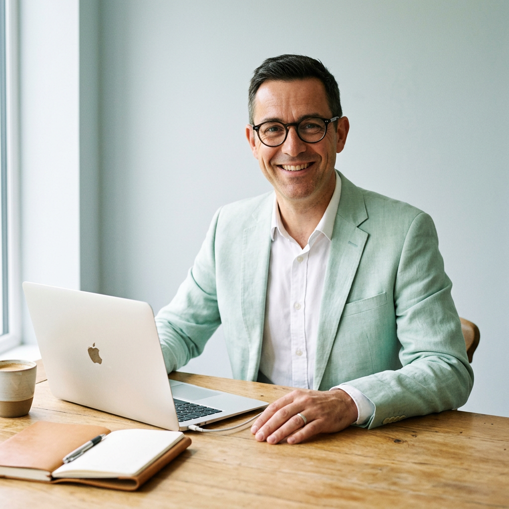 A smiling freelance coach seated at a desk with a laptop and notebook